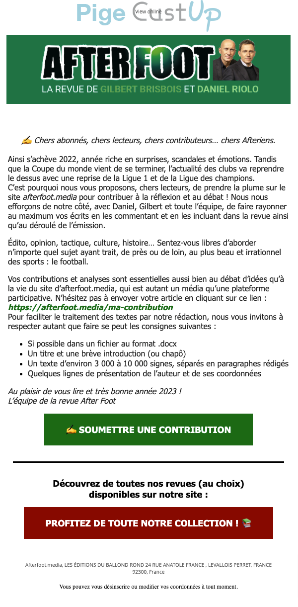 Exemple de Type de media  e-mailing - After Foot - Marketing marque - Appel à contribution - Enquêtes Clients - NPS / Avis clients