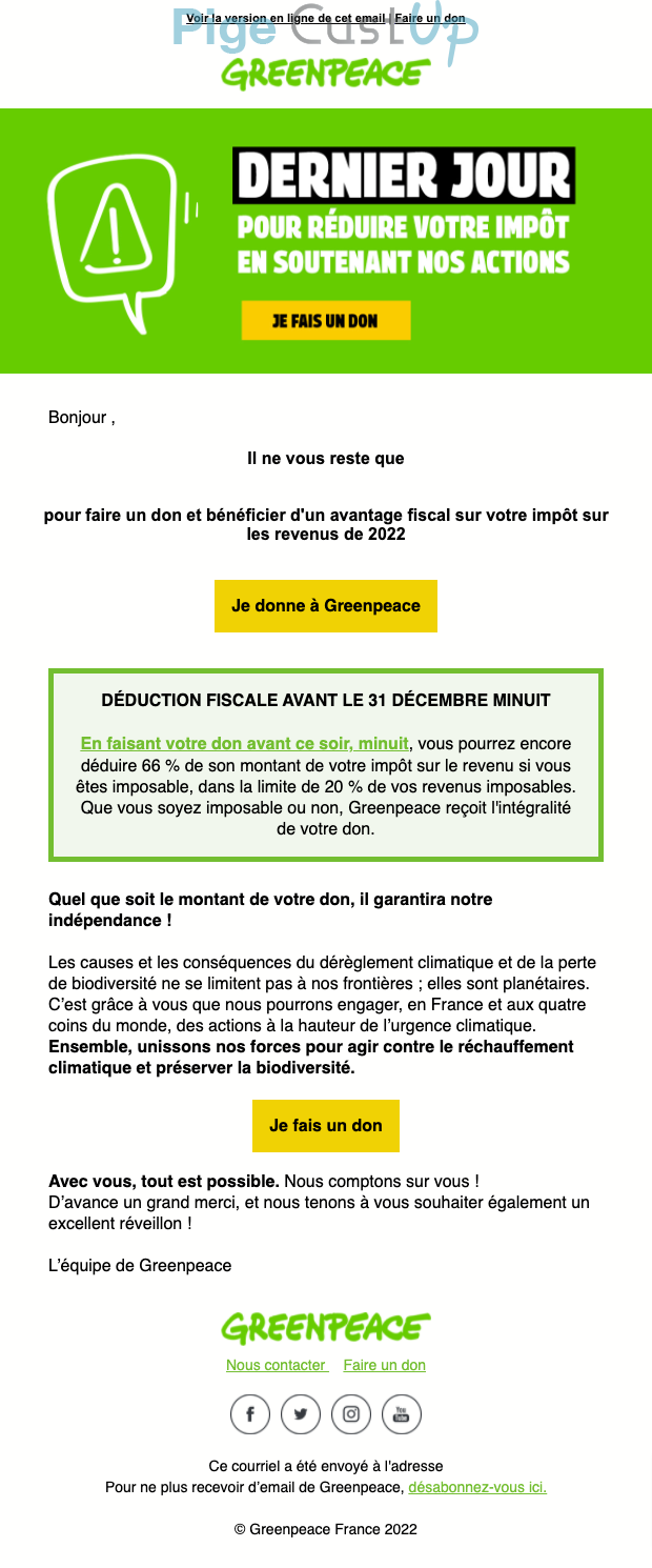 Exemple de Type de media  e-mailing - Greenpeace - Marketing Acquisition - Collecte de dons - Derniers jours