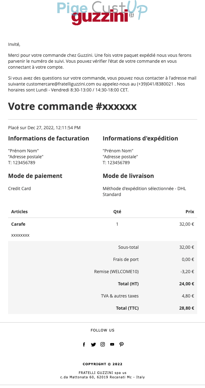 Exemple de Type de media  e-mailing - Guzzini - Transactionnels - Confirmation de commande