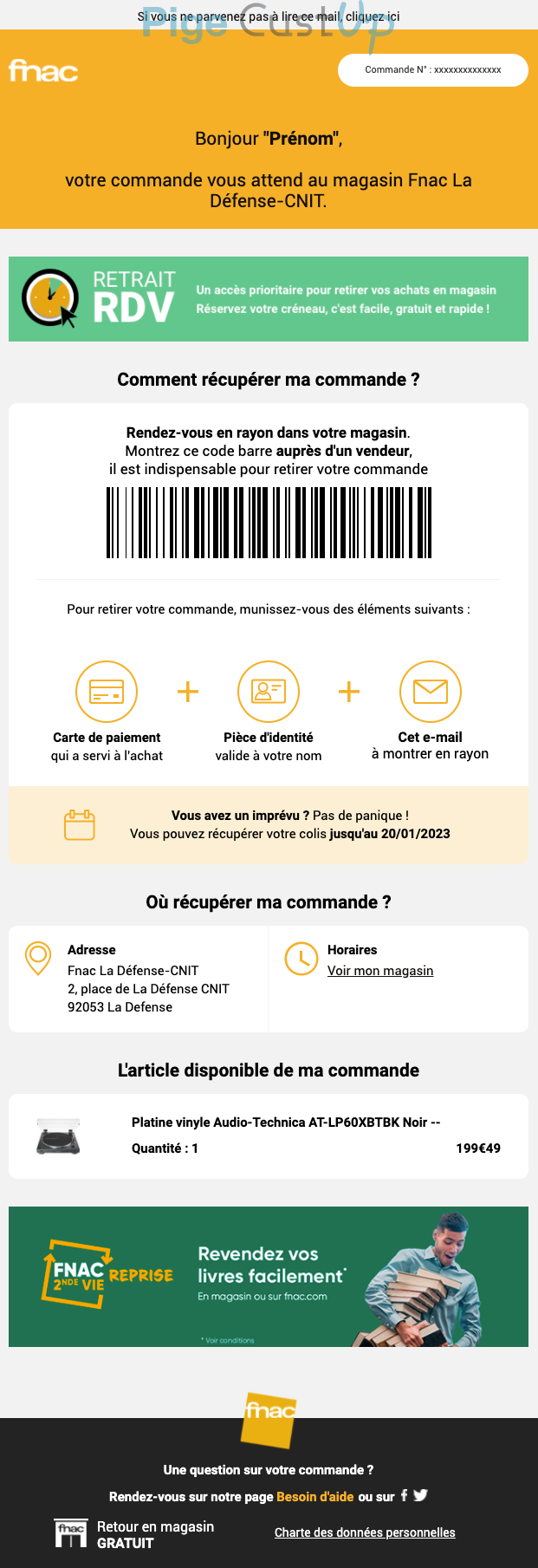 Exemple de Type de media  e-mailing - Fnac - Transactionnels - Retrait commande