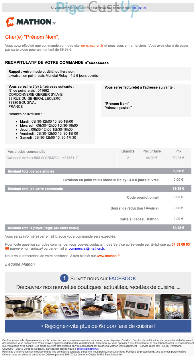 Exemple de Type de media  e-mailing - Mathon - Transactionnels - Confirmation de commande