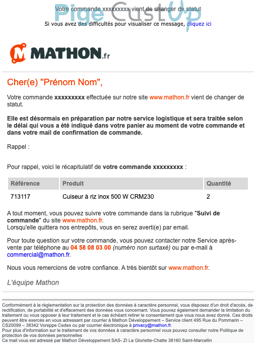 Exemple de Type de media  e-mailing - Mathon - Transactionnels - Suivi de commande Préparation