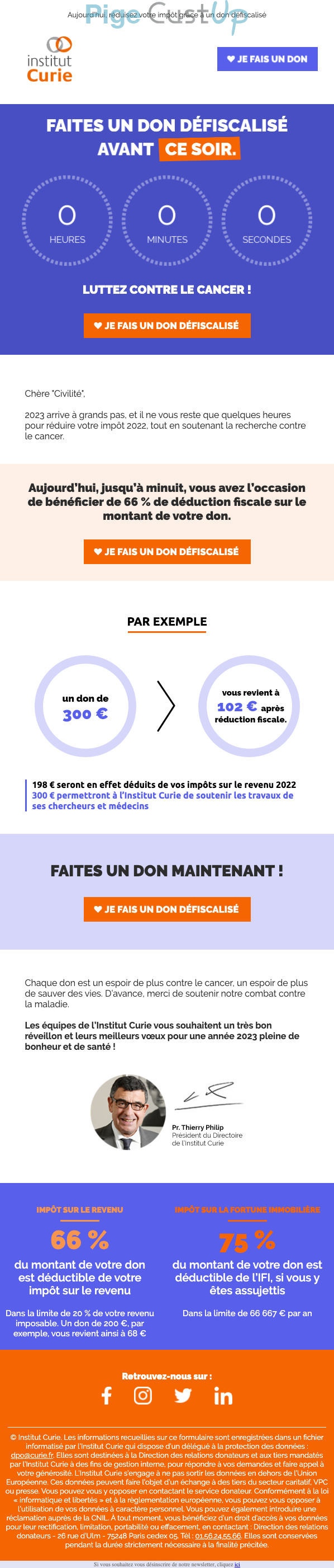 Exemple de Type de media  e-mailing - Institut Curie - Marketing Acquisition - Collecte de dons - Derniers jours