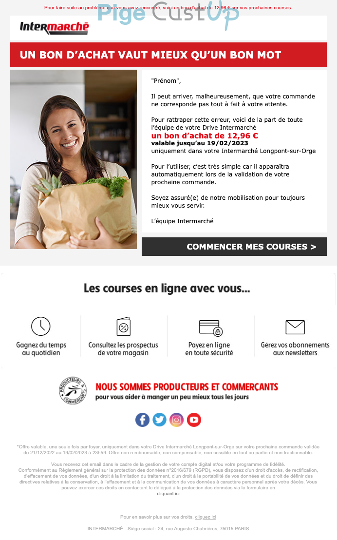 Exemple de Type de media  e-mailing - Intermarché - Marketing Acquisition - Gratuit - Cadeau - Service Clients - Réclamations - Suivi de demande