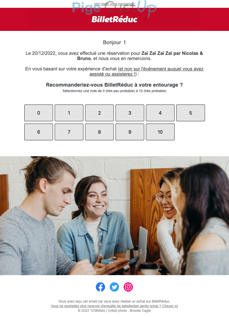 Exemple de Type de media  e-mailing - Billetreduc - Enquêtes Clients - NPS / Avis clients