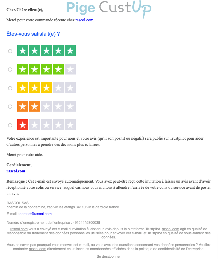 Exemple de Type de media  e-mailing - Rascol - Enquêtes Clients - NPS / Avis clients
