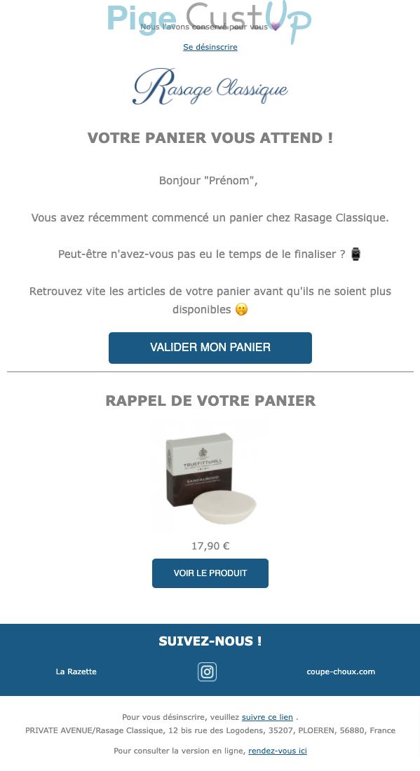 Exemple de Type de media  e-mailing - Rasage Classique - Marketing Acquisition - Panier abandonné