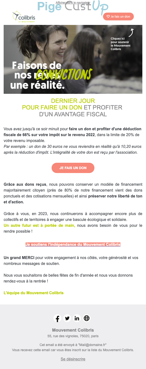 Exemple de Type de media  e-mailing - Colibris - Marketing Acquisition - Collecte de dons - Derniers jours