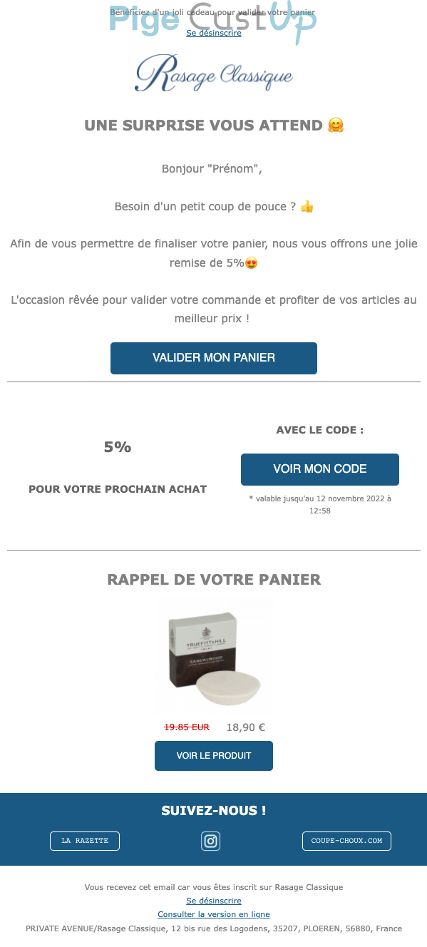 Exemple de Type de media  e-mailing - Rasage Classique - Marketing Acquisition - Panier abandonné