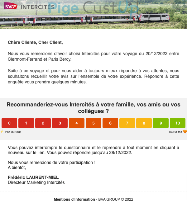 Exemple de Type de media  e-mailing - SNCF - Enquêtes Clients - NPS / Avis clients