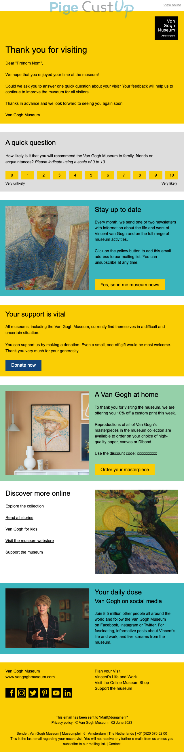 Exemple de Type de media  e-mailing - Van Gogh Museum - Enquêtes Clients - NPS / Avis clients