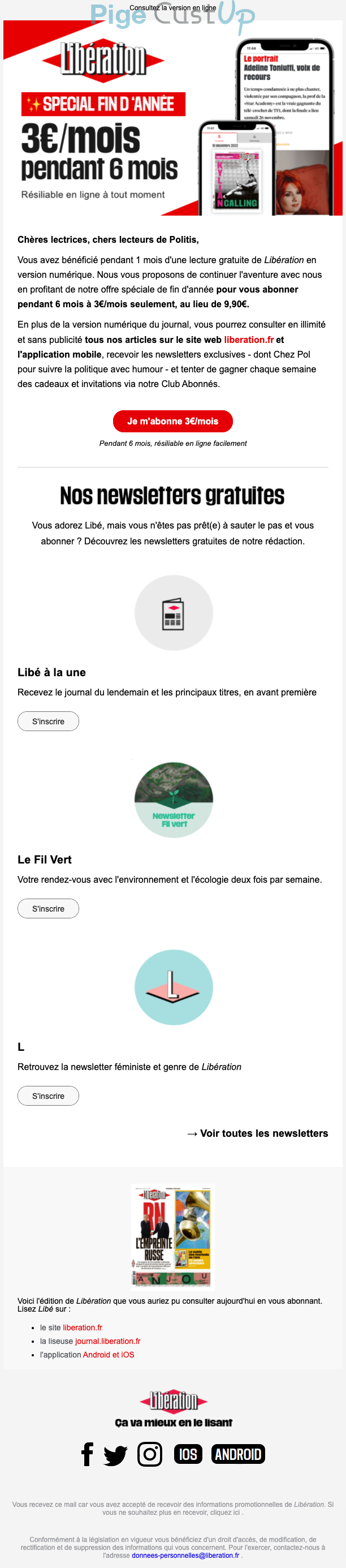 Exemple de Type de media  e-mailing - Libération - Marketing Acquisition - Acquisition abonnements - Offre d'essai - Marketing relationnel - Calendaire (Noël, St valentin, Vœux, …)