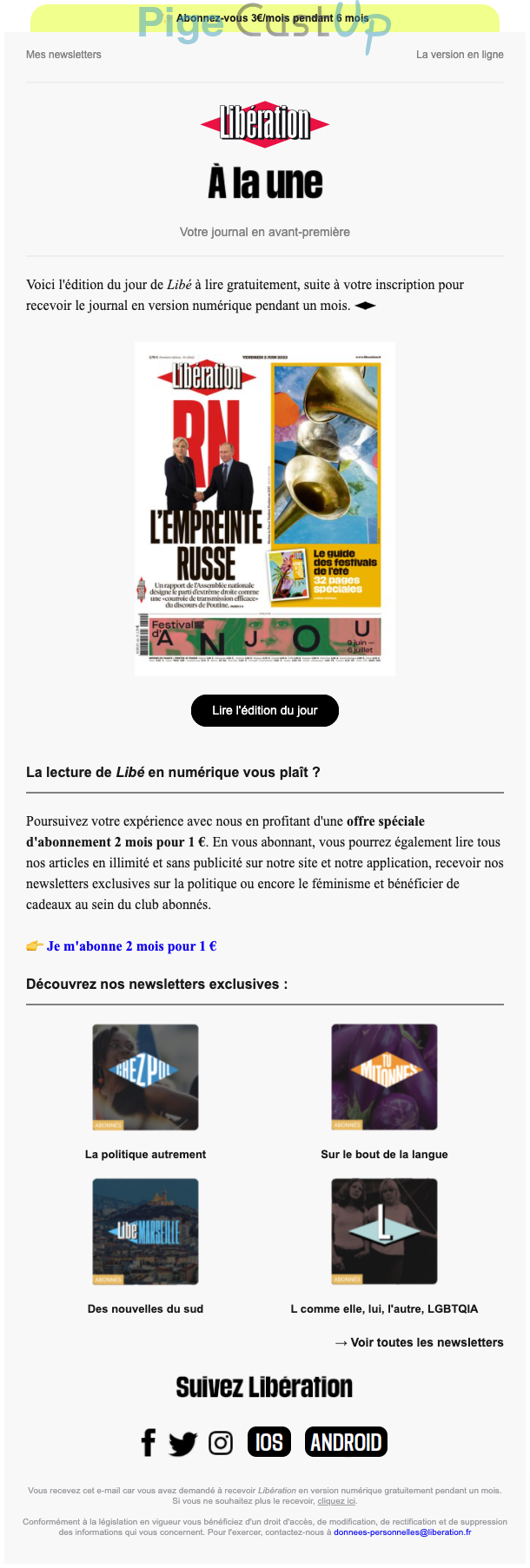 Exemple de Type de media  e-mailing - Libération - Marketing Acquisition - Acquisition abonnements - Offre d'essai - Marketing fidélisation - Renouvellement abonnement