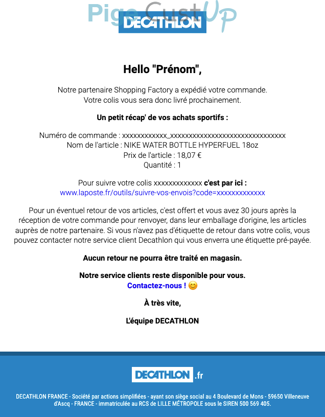 Exemple de Type de media  e-mailing - Décathlon - Transactionnels - Suivi de commande Expédition / Livraison