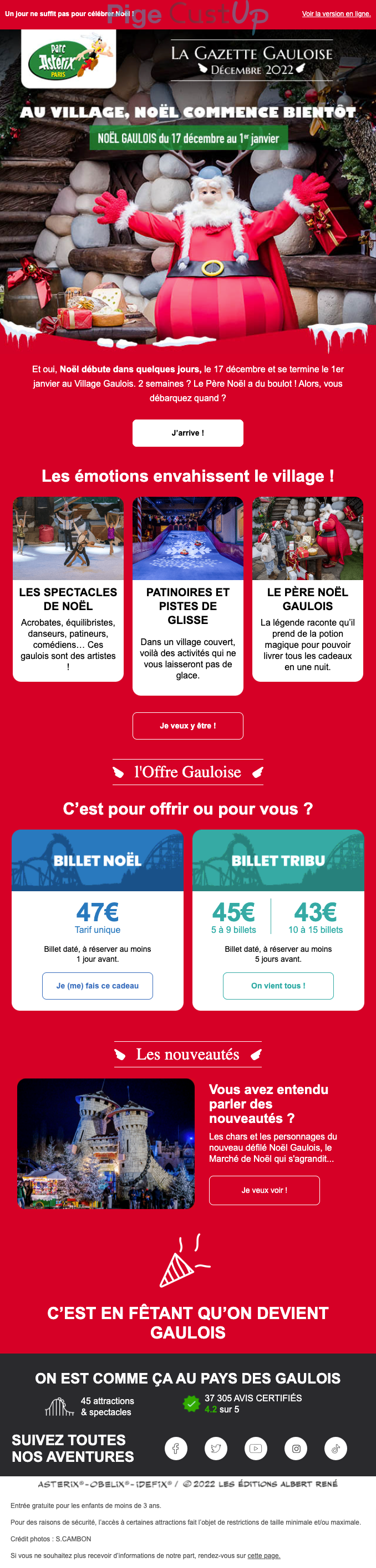 Exemple de Type de media  e-mailing - Parc Astérix - Marketing relationnel - Calendaire (Noël, St valentin, Vœux, …)