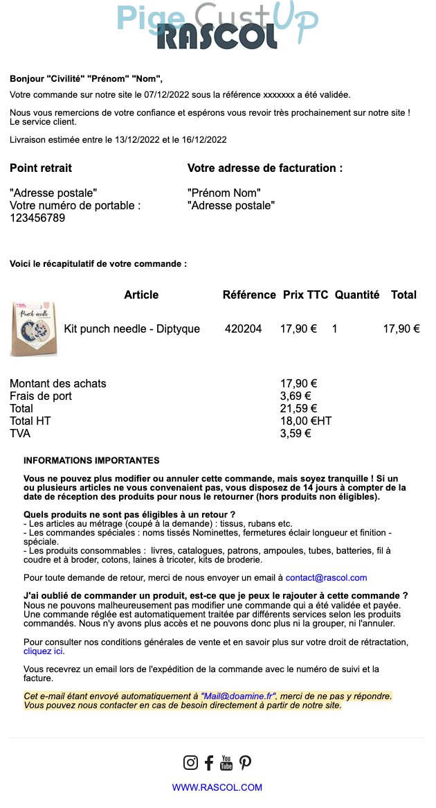 Exemple de Type de media  e-mailing - Rascol - Transactionnels - Confirmation de commande