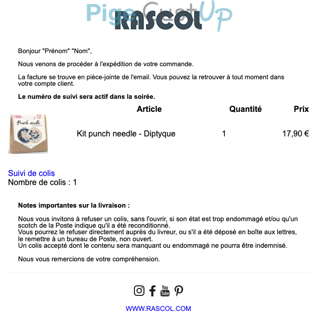 Exemple de Type de media  e-mailing - Rascol - Transactionnels - Suivi de commande Expédition / Livraison