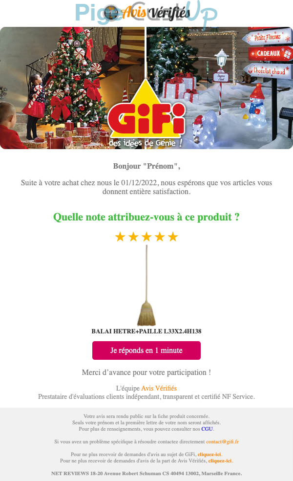 Exemple de Type de media  e-mailing - Gifi - Enquêtes Clients - NPS / Avis clients