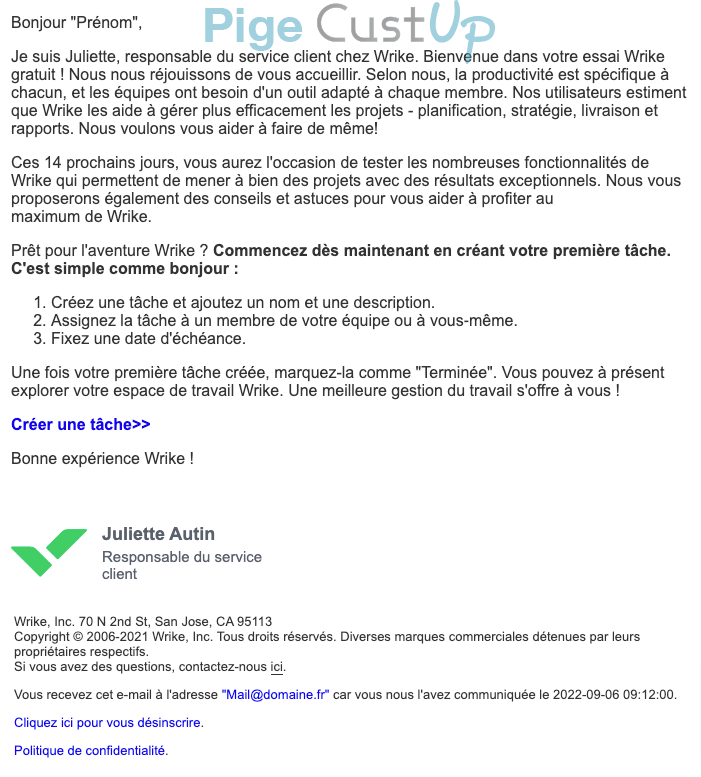 Exemple de Type de media  e-mailing - Wrike - Marketing relationnel - Bienvenue - Welcome