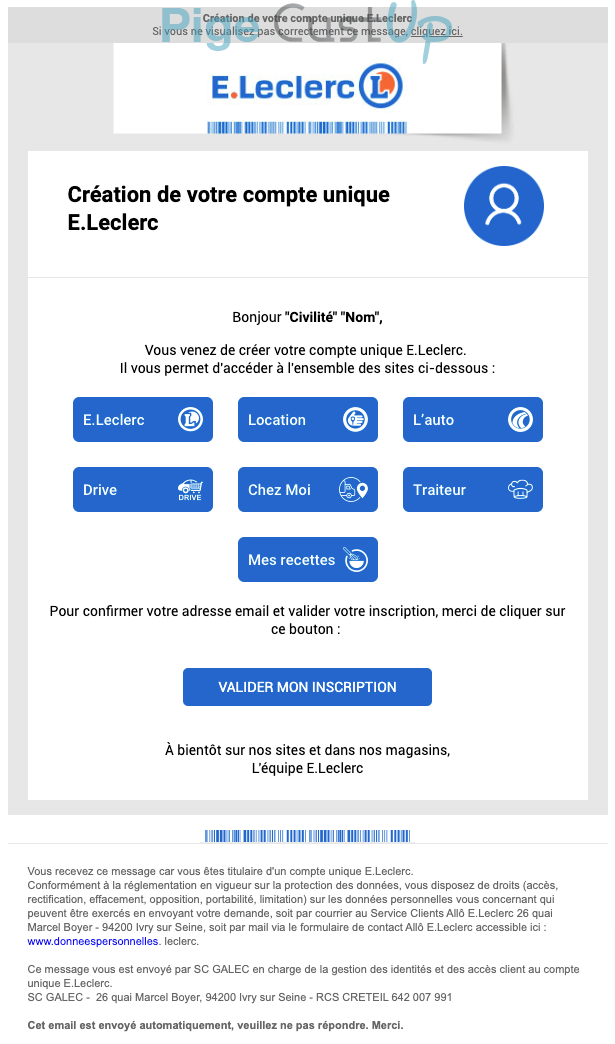 Exemple de Type de media  e-mailing - Leclerc - Transactionnels - Confirmation Création de Compte