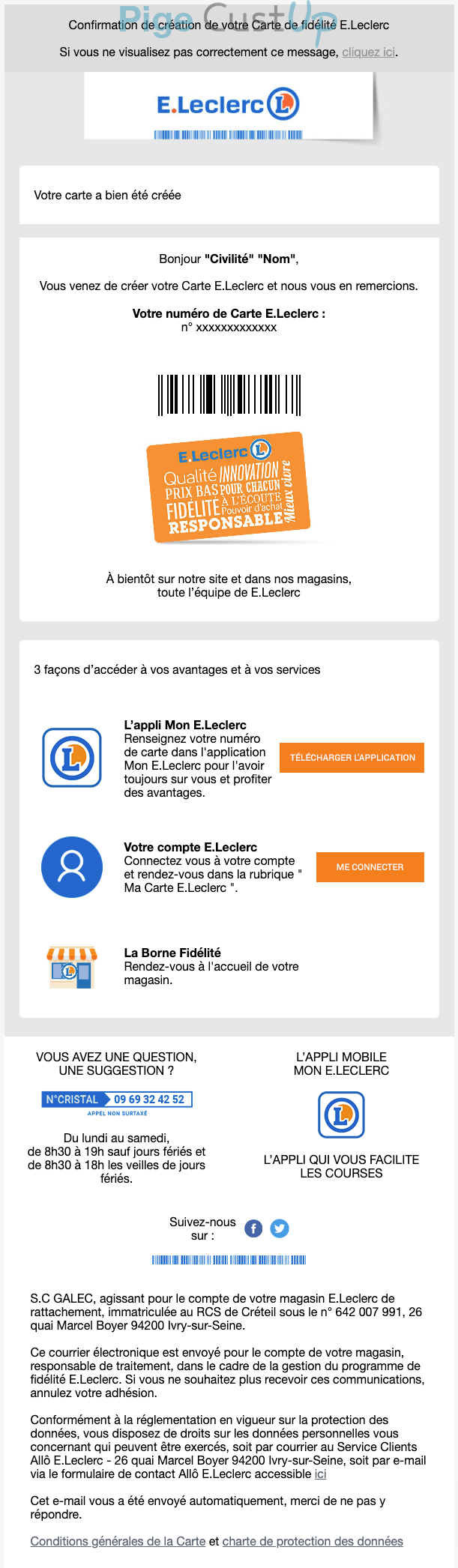 Exemple de Type de media  e-mailing - Leclerc - Marketing fidélisation - Activation carte de fidélité - Début / Fin du Programme de Fidélité