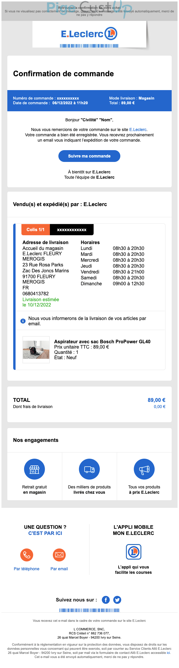 Exemple de Type de media  e-mailing - Leclerc - Transactionnels - Confirmation de commande