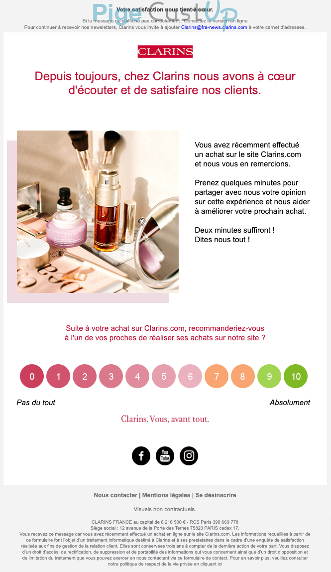 Exemple de Type de media  e-mailing - Clarins - Enquêtes Clients - NPS / Avis clients