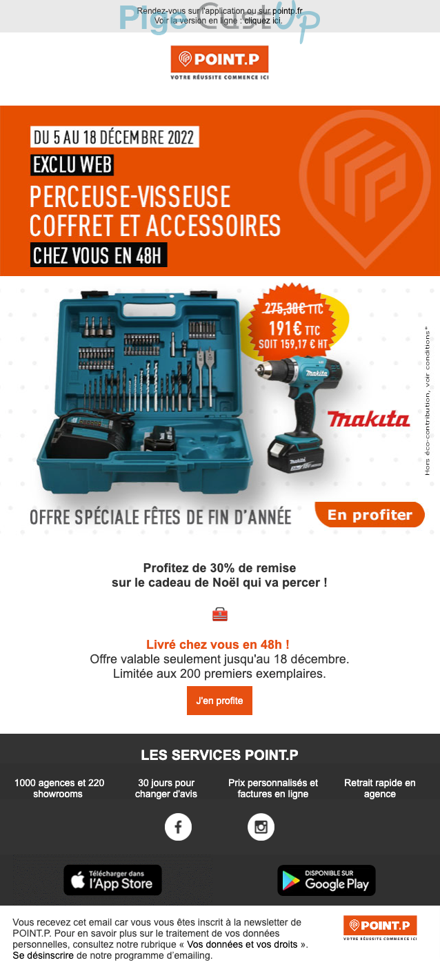 Exemple de Type de media  e-mailing - Point P - Marketing relationnel - Calendaire (Noël, St valentin, Vœux, …) - Marketing Acquisition - Ventes flash, soldes, demarque, promo, réduction