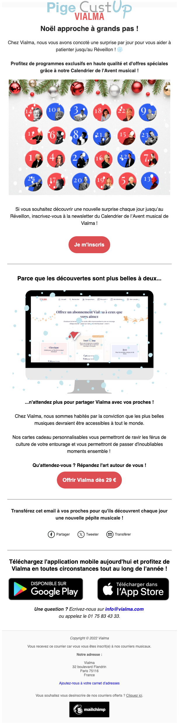Exemple de Type de media  e-mailing - Vialma - Marketing relationnel - Calendaire (Noël, St valentin, Vœux, …) - Newsletter