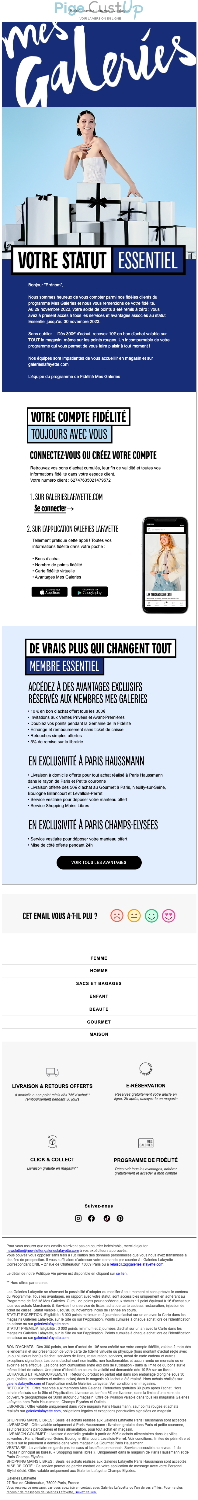 Exemple de Type de media  e-mailing - Galeries Lafayette - Marketing fidélisation - Points et statut