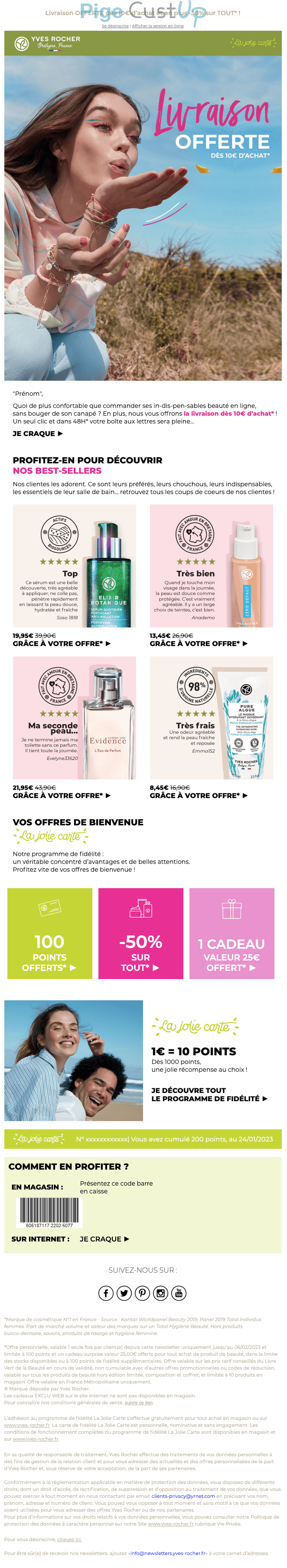 Exemple de Type de media  e-mailing - Yves Rocher - Marketing Acquisition - Ventes flash, soldes, demarque, promo, réduction