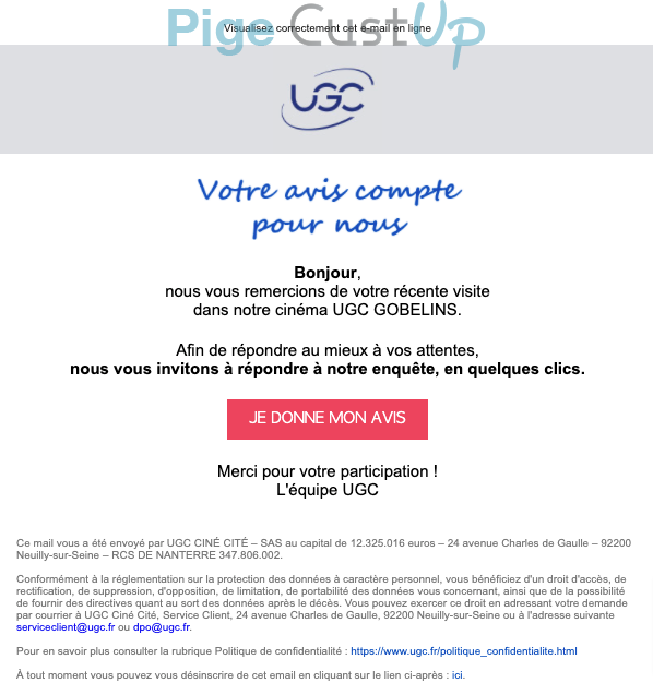 Exemple de Type de media  e-mailing - UGC - Enquêtes Clients - NPS / Avis clients