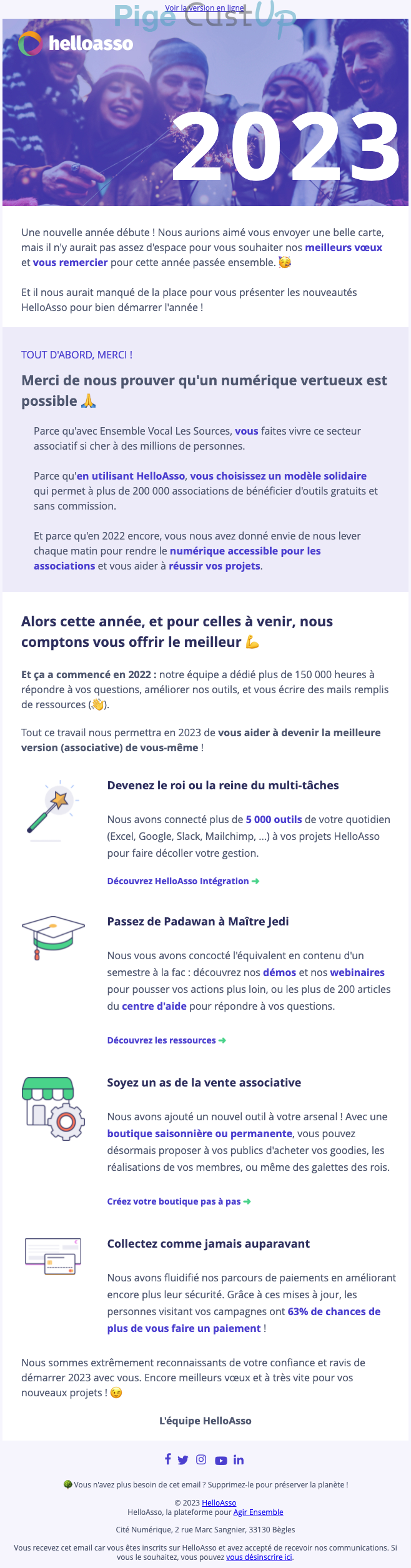 Exemple de Type de media  e-mailing - HelloAsso - Marketing relationnel - Calendaire (Noël, St valentin, Vœux, …) - Newsletter
