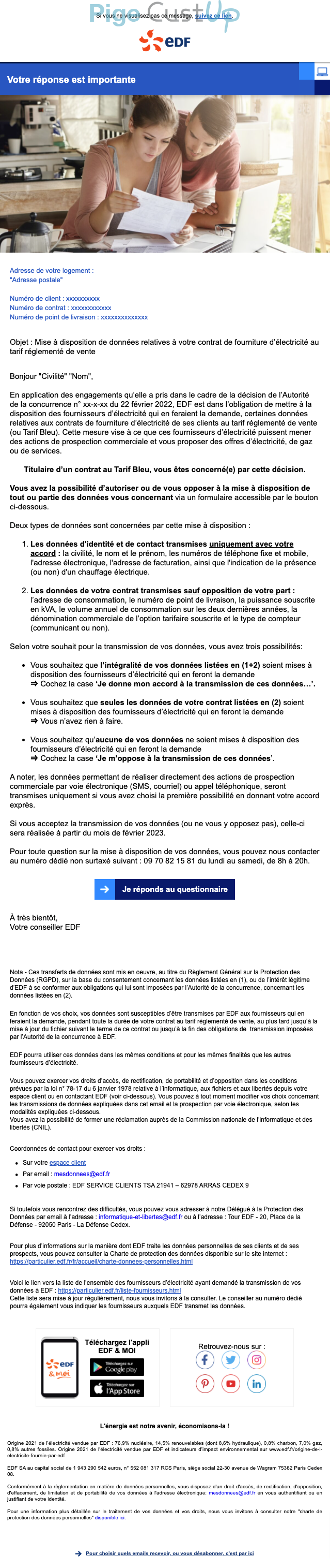 Exemple de Type de media  e-mailing - EDF - Marketing relationnel - Données clients / RGPD