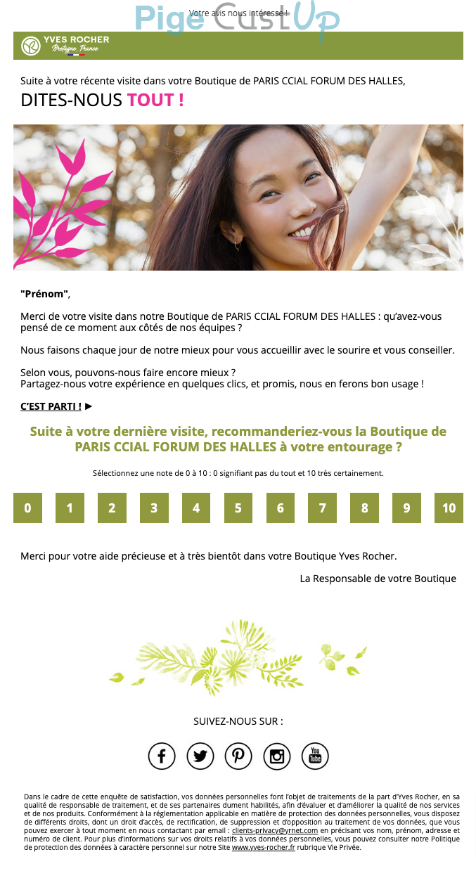 Exemple de Type de media  e-mailing - Yves Rocher - Enquêtes Clients - NPS / Avis clients