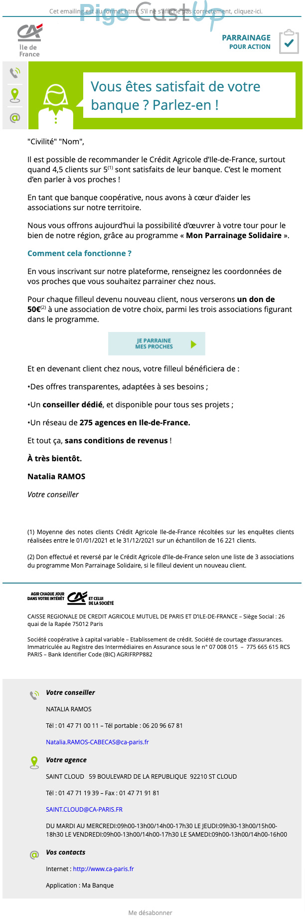 Exemple de Type de media  e-mailing - Crédit Agricole - Marketing Acquisition - Parrainage