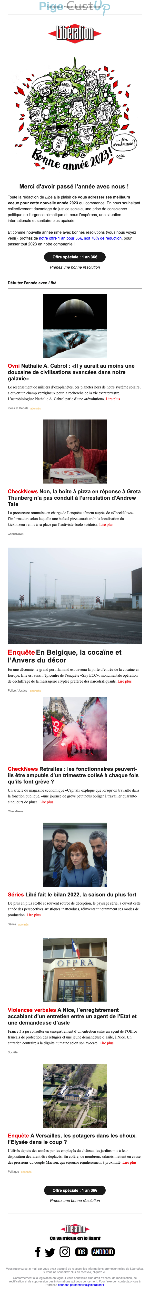Exemple de Type de media  e-mailing - Libération - Marketing relationnel - Calendaire (Noël, St valentin, Vœux, …)