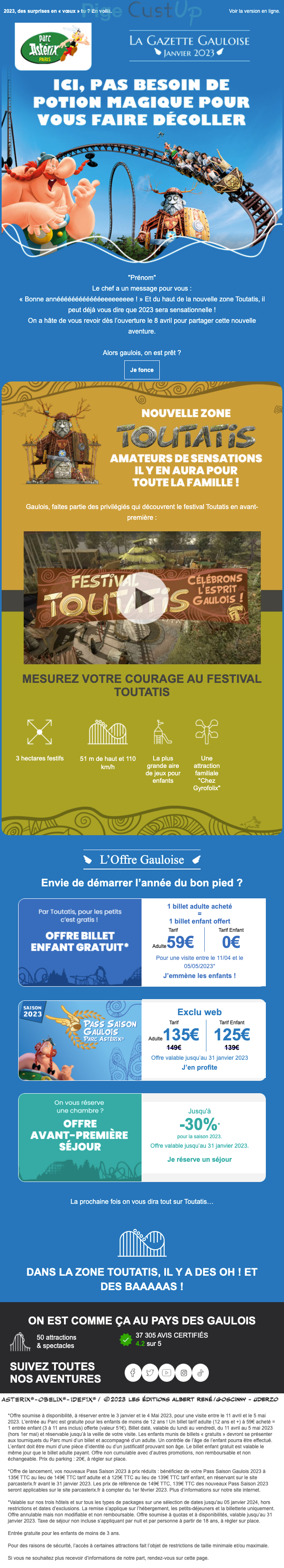 Exemple de Type de media  e-mailing - Parc Astérix - Marketing relationnel - Calendaire (Noël, St valentin, Vœux, …)