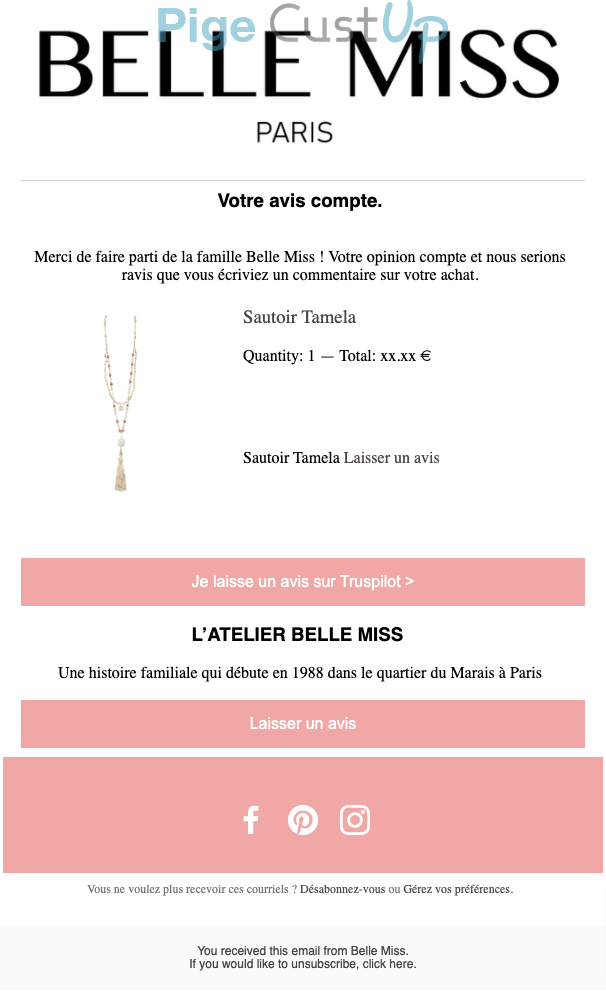 Exemple de Type de media  e-mailing - Belle Miss - Enquêtes Clients - NPS / Avis clients