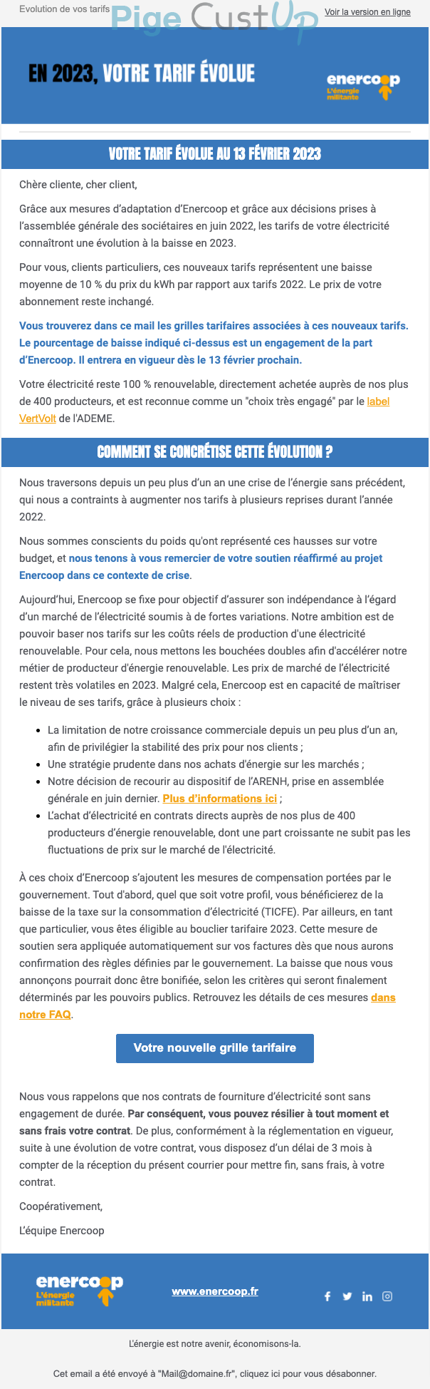 Exemple de Type de media  e-mailing - Enercoop - Service Clients - Modification tarifs abonnements