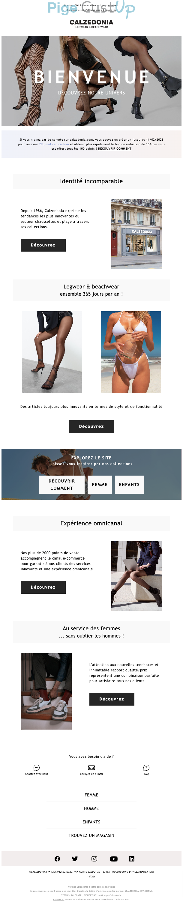 Exemple de Type de media  e-mailing - Calzedonia - Marketing relationnel - Bienvenue - Welcome