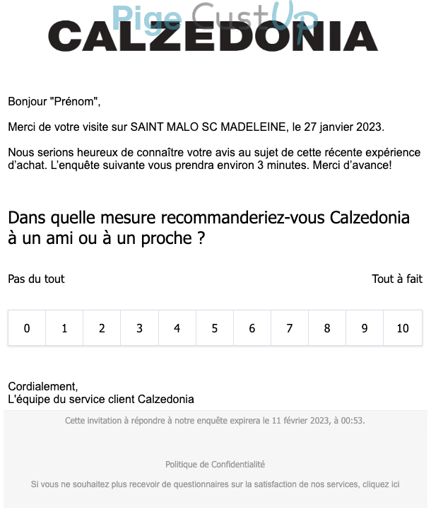 Exemple de Type de media  e-mailing - Calzedonia - Enquêtes Clients - NPS / Avis clients