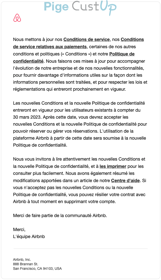 Exemple de Type de media  e-mailing - Airbnb - Service Clients - Modification CGV / CGU