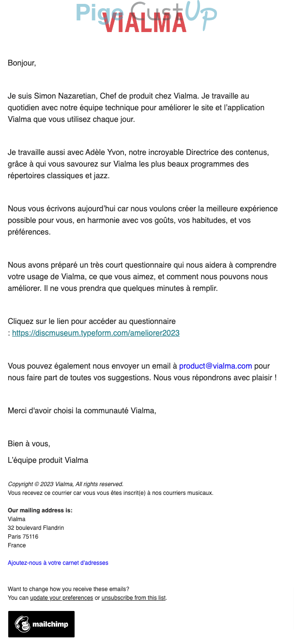 Exemple de Type de media  e-mailing - Vialma - Enquêtes Clients - Consultation client