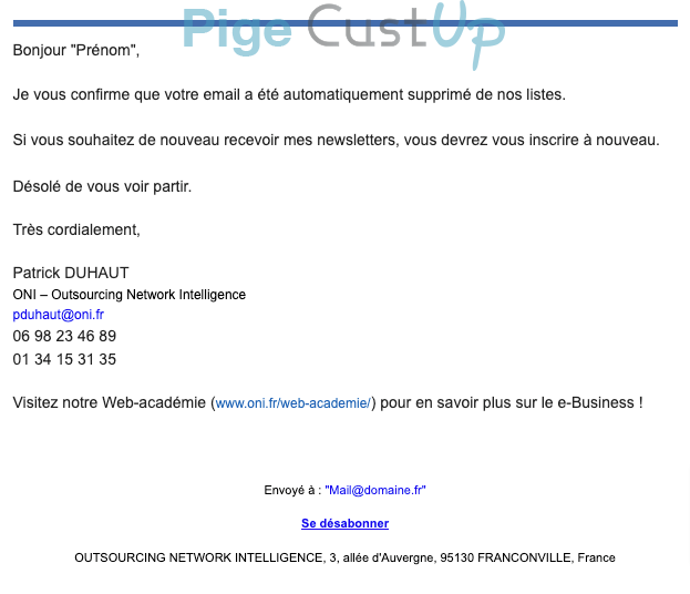 Exemple de Type de media  e-mailing - ONI - Transactionnels - Confirmation désabonnement Newsletters