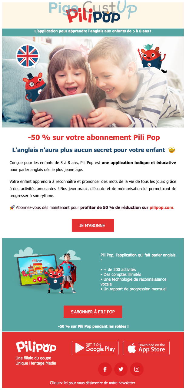 Exemple de Type de media  e-mailing - Pili Pop - Marketing Acquisition - Acquisition abonnements - Marketing relationnel - Application mobile