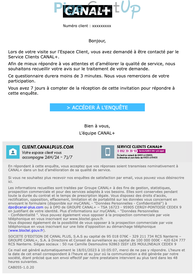 Exemple de Type de media  e-mailing - Canal + - Enquêtes Clients - NPS / Avis clients