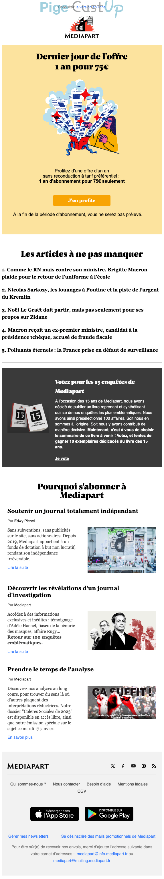 Exemple de Type de media  e-mailing - Mediapart - Marketing Acquisition - Acquisition abonnements - Derniers jours