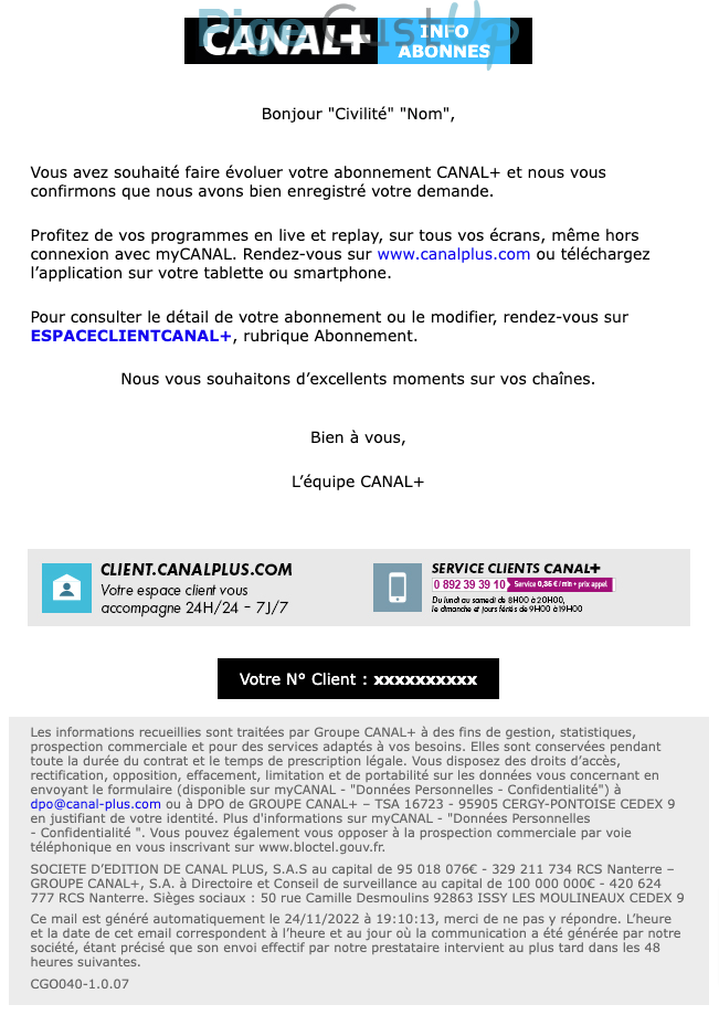 Exemple de Type de media  e-mailing - Canal + - Service Clients - Modification tarifs abonnements