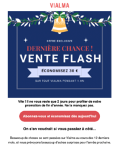 e-mailing - Marketing relationnel - Calendaire (Noël, St valentin, Vœux, …) - Marketing Acquisition - Derniers jours - Ventes flash, soldes, demarque, promo, réduction - Vialma - 12/2022